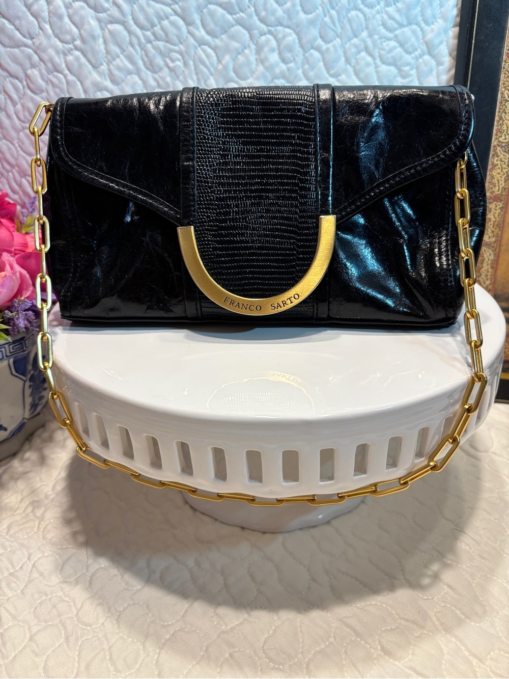 Franco Sarto Black Leather Clutch with Gold Chain Accent